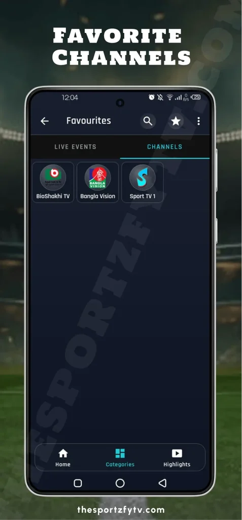 Sportzfy app favorite channels list for quick access to saved channels