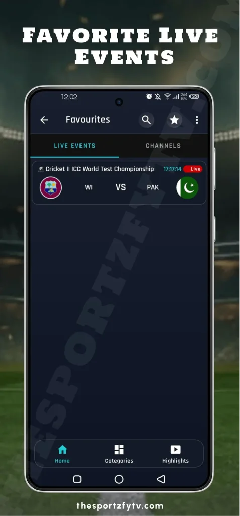 Sportzfy app favorite live events screen with saved matches