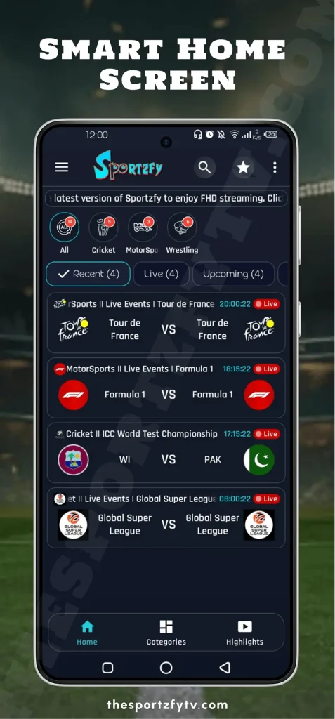 Sportzfy app home screen with live sports categories and upcoming featured matches