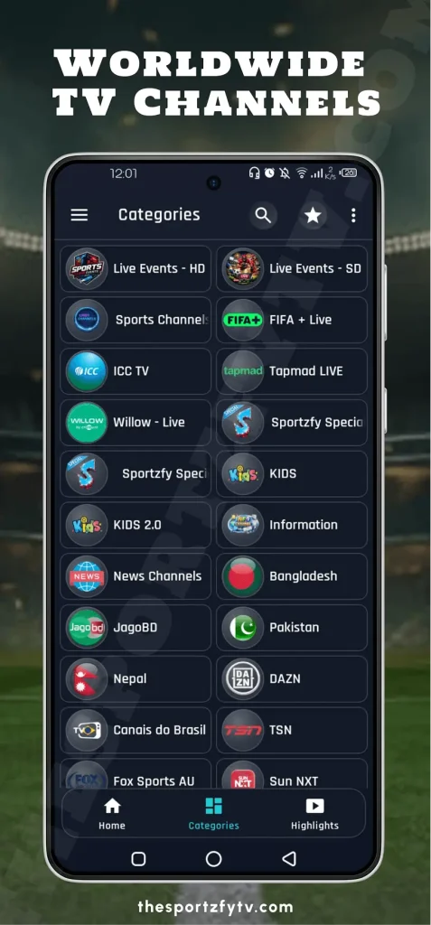 Sportzfy app live TV channels list with sports and entertainment channels