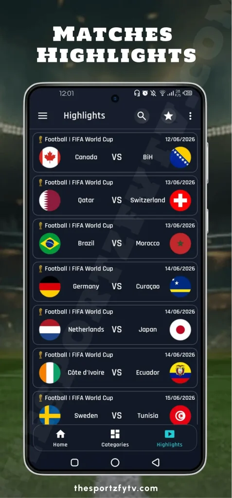 Sportzfy app match highlights section for football and cricket highlights