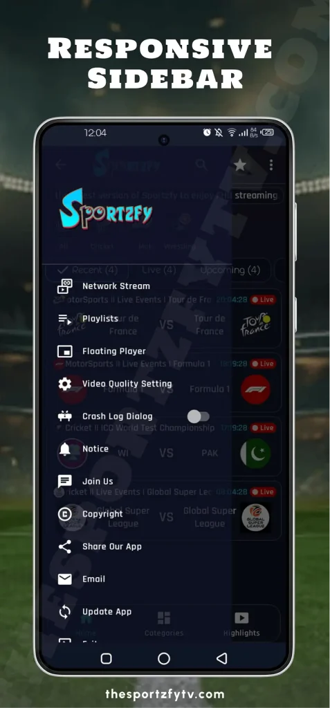 Sportzfy app responsive sidebar with navigation menu and streaming options